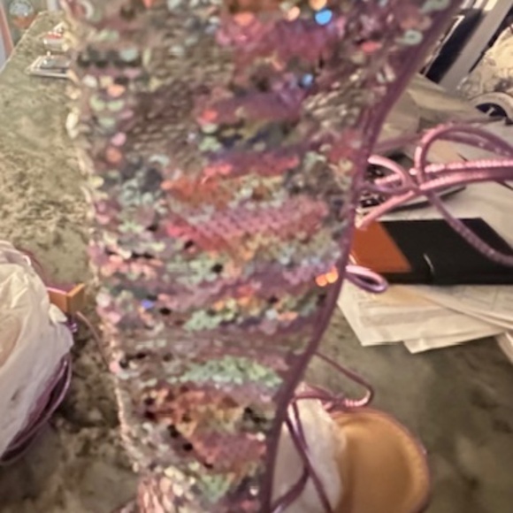 SEXY Pink & Sliver Sequin High Stiletto Boots w/Open Laced Back - Brand New 8.5M - Picture 8 of 16
